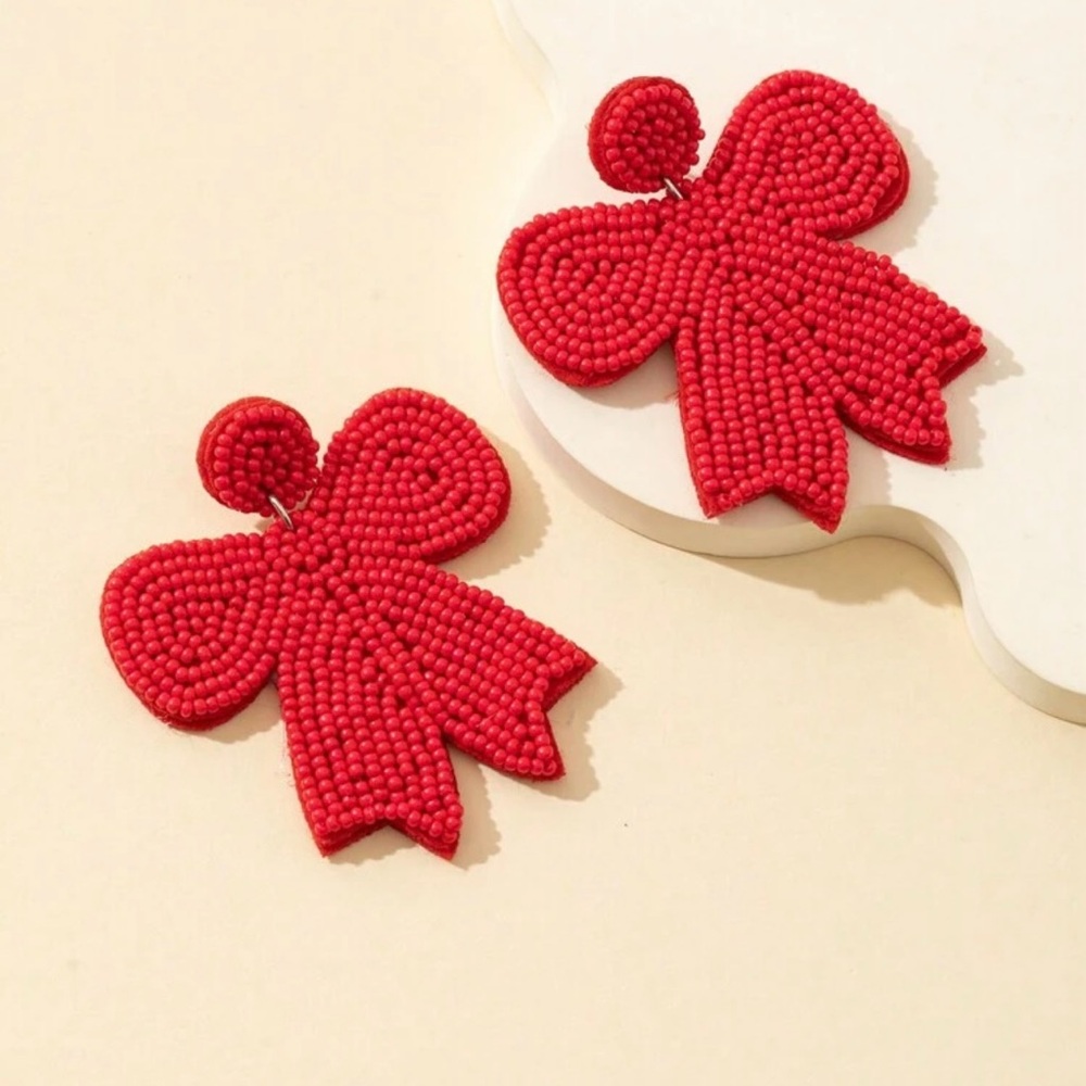 1pair Stainless Steel Earrings With Handmade Rice Pearl & Bowknot Red